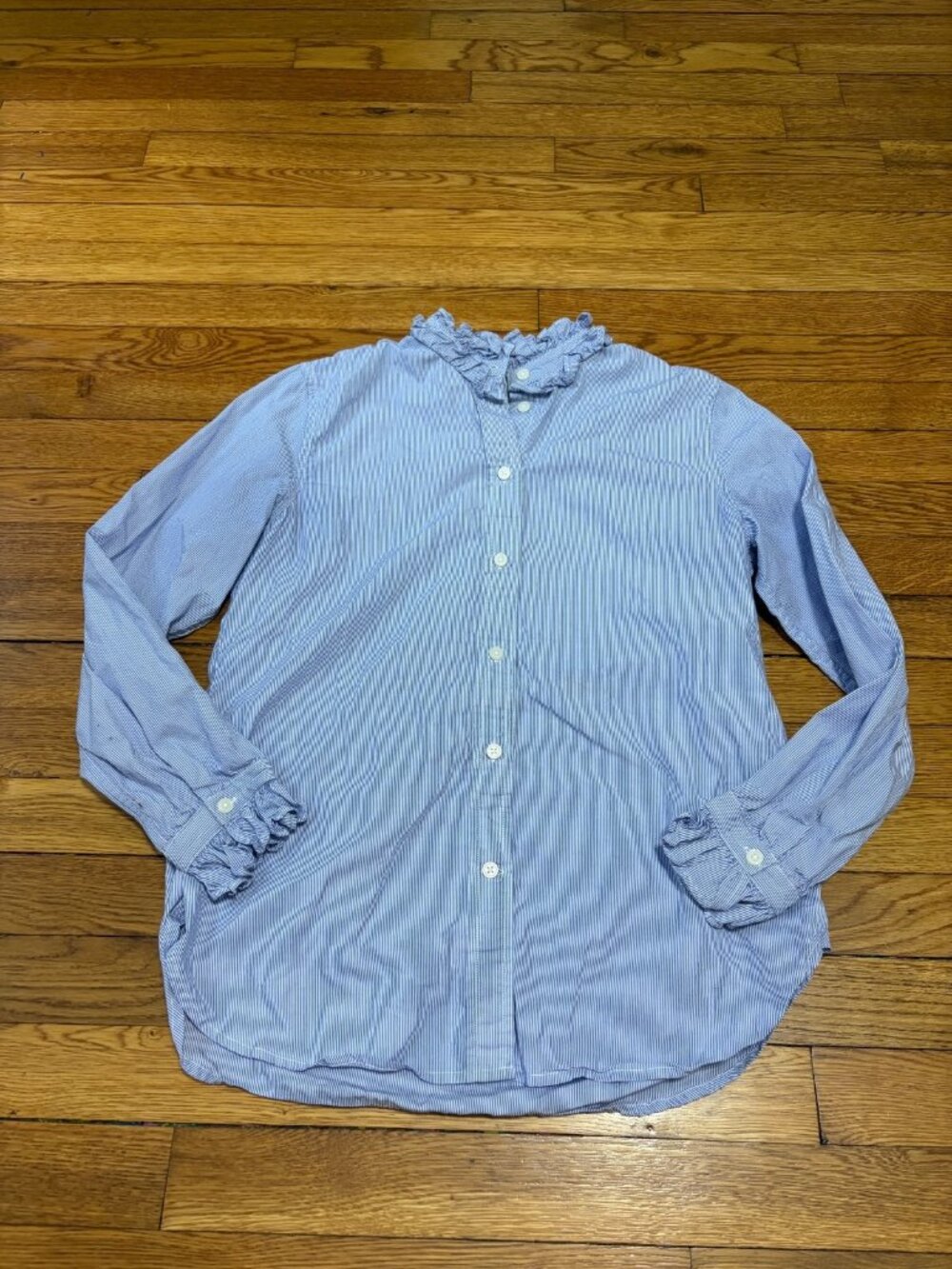 J. Crew Womens Button Down Blouse Size 2 Blue White Striped Classic Fit Ruffle